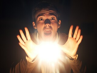 Poster - A person holds a radiant light source in their hands, illuminated by its glow