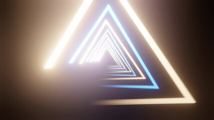 Poster - Abstract geometric background with colorful glowing neon triangles appear, Flight forward inside the endless futuristic tunnel towards the glowing triangular. Technology. 4K. looped 3d animation