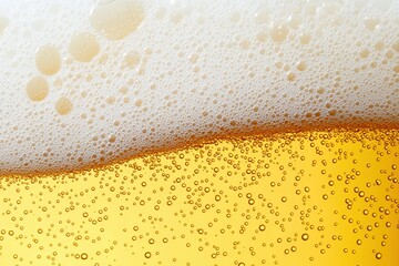 Poster - Close-up of beer foam showing bubbles on yellow background