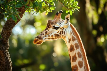 Poster - A giraffe stands next to a tree in a dense forest