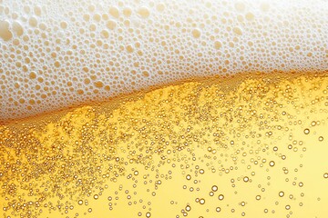 Poster - Close-up of beer foam creating bubbles on a golden yellow background