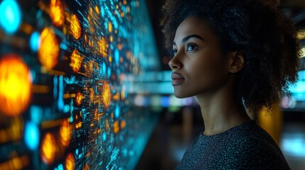 Poster - A person observes digital representations of quantum concepts and neural networks, immersed in a high-tech environment focused on algorithm optimization and data processing.