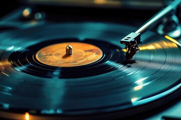 Poster - A detailed view of a vinyl record spinning on a turntable, suitable for use in music or nostalgia-themed projects