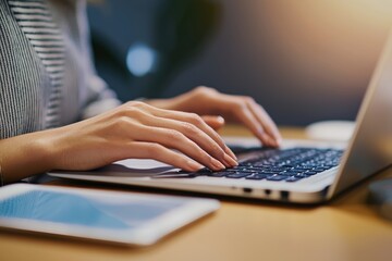 Poster - Woman working from home typing on laptop keyboard