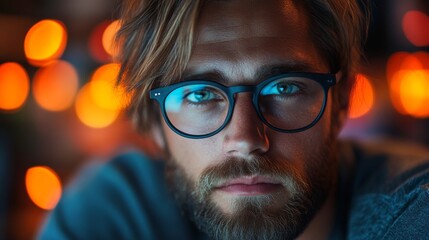 Poster - A contemplative individual with glasses engages in deep analysis, contemplating the concepts of quantum computing and machine learning, surrounded by warm lights.