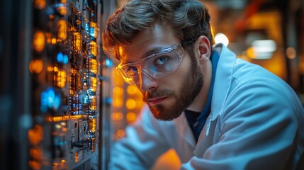 Aufkleber - A scientist wearing protective eyewear closely examines advanced quantum computing equipment. Bright circuitry lights illuminate the lab, creating a focused atmosphere for intricate experiments.