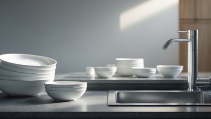 Poster - Neatly stacked white bowls on a kitchen countertop beside a modern sink and sunlight streaming in through a window