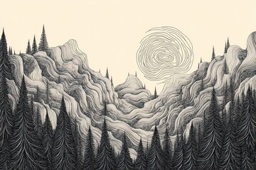Mountainous landscape, stylized art, swirling sun, forest, nature illustration, design element