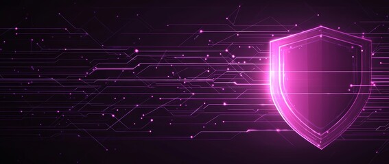 Poster - a shield design with a futuristic look, accented with purple and set against an abstract background