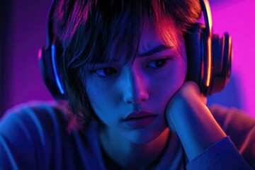 Aufkleber - A person looking intently at something while wearing headphones