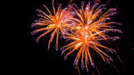 Poster - Fireworks exploding in night sky with orange and purple colors