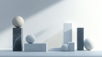 Poster - A group of marble blocks forming a base with a sphere on top, ideal for use in architecture, design or educational contexts