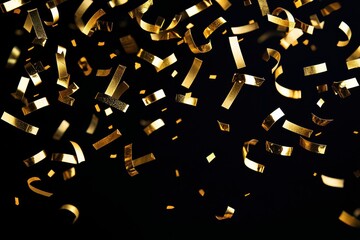 Poster - Golden confetti falling on black background: celebrating a new year's eve party