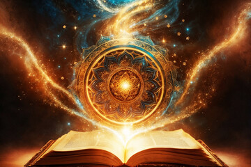 Wall Mural - beautiful gold mandala with open ancient book, cosmic dharma akasha wisdom concept