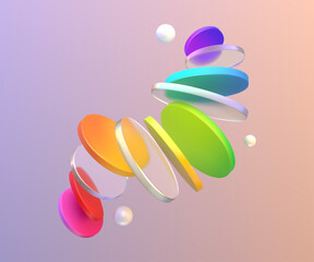 Poster - 3D shapes. Abstract glass color objects. Art circle elements. Modern light graphic glassmorphism. Geometric figures composition. Render discs and pearl spheres. Vector gradient background