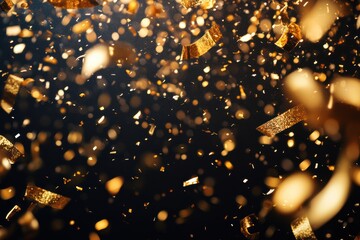 Poster - Golden confetti falling on black background celebrating new year's eve