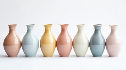 Colorful ceramic vases in a row against white background. Possible use for interior design inspiration