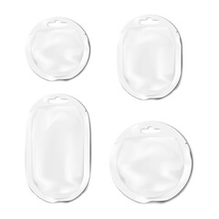 Canvas Print - white blank tear notch euro hole circle and oval sachet pouch. realistic 3d vector mockup set. hangi
