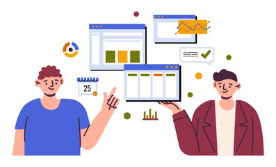 Aufkleber - Business infographic. Project diagrams presentation. Man showing startup profit graph. Corporate management strategy. Investment analysis. Computer browser. Finance growth. Vector concept