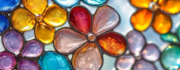 Poster - A bright stained glass window adorned with colorful flowers in blue, yellow, red, and orange, generating a cheerful and artistic ambiance