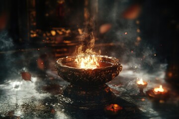 Poster - A lit candle in a metal bowl with smoke, often used for atmospheric lighting or decorative purposes