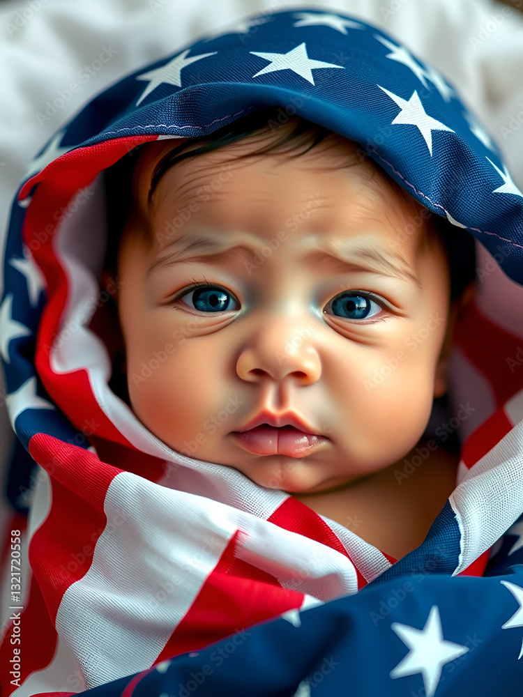 Cute Latino baby wrapped in an American flag, symbolizing birthright