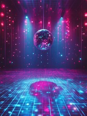 Poster - A shiny disco ball hanging from the ceiling of a busy dance floor, surrounded by moving bodies