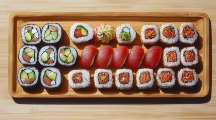 Poster - Sushi plate with spicy tuna and assorted rolls arranged elegantly on a wooden table