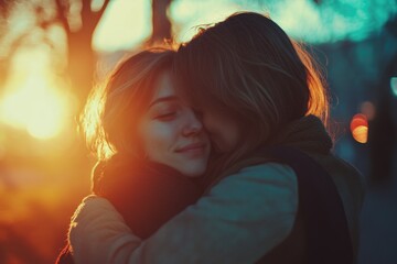 Poster - A close-up shot of two women embracing each other on a city street