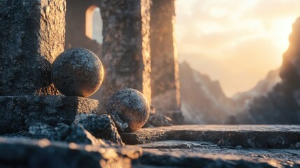 Aufkleber - A collection of stone balls sits atop a rugged rock formation, offering a unique natural sculpture