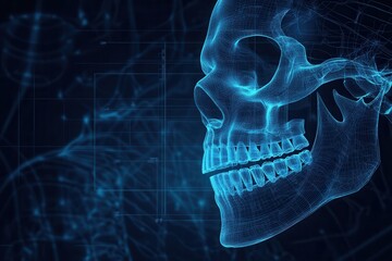 Poster - Blueprint of a jawbone with implants and glowing skeletal outlines on a dark medical background illuminated for dental precision