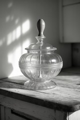 Poster - Decorative glass container placed on a rustic wooden table with soft shadows in a sunlit room