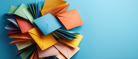 Aufkleber - A pile of colorful paper envelopes with a blue background