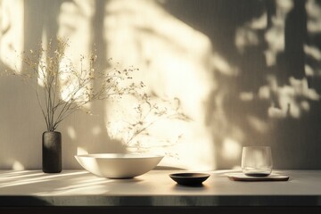 Poster - A simple still life composition featuring a white bowl and a vase placed on a table