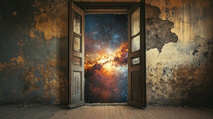 Wall Mural - Open door overlooking the universe in an abandoned house