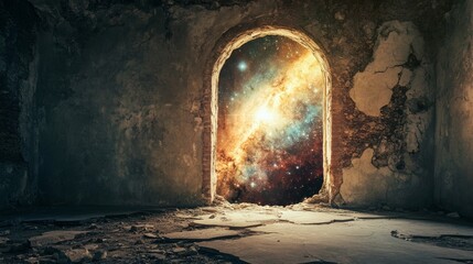 Wall Mural - Open door overlooking the universe in an abandoned house