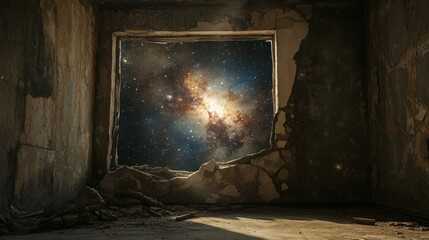 Wall Mural - Open door overlooking the universe in an abandoned house