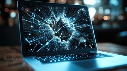 Poster - Cracked laptop screen on wooden table at night.