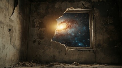 Wall Mural - Open door overlooking the universe in an abandoned house