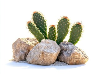 Poster - A group of cacti sit atop a pile of rocks, their spines and shapes adding visual interest to the desert landscape