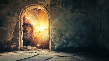 Wall Mural - Open door overlooking the universe in an abandoned house