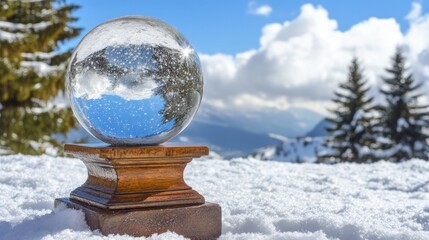 Poster - Crystal ball on wooden stand reflects snowy mountain landscape.