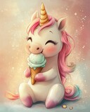 A cheerful unicorn enjoys a delicious ice cream cone with delight.