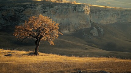 Poster - A solitary tree stands in a green meadow, with a majestic mountain landscape in the distance