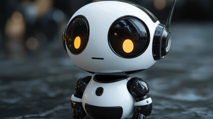 Leinwandbilder - Cute white robot with black accents,  glowing eyes, standing on a dark surface.