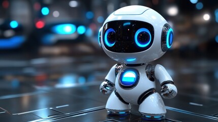 Poster - Cute white robot with blue lights stands on a dark surface.