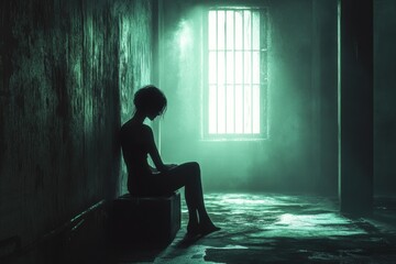 Poster - A person sits on a suitcase in a dimly lit room, surrounded by darkness