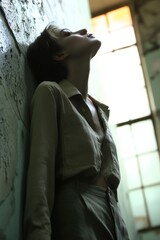 Poster - A woman relaxes against a wall with her eyes closed, possibly feeling tired or meditative