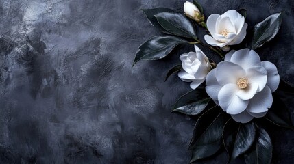 Poster - Three white flowers with dark green leaves arranged on dark background