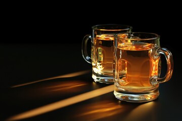 Poster - Two ceramic mugs filled with beer sitting on a wooden table